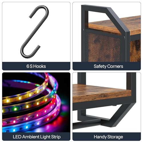HOOBRO Gaming Floating Shelf with LED Lights, 28.7" LED Wall Mounted Shelf, 3-Tier Display Rack for Wall Storage, Floating Rack with Hanging Rod and 6 S-Hooks, Rustic Brown and Black BF70DBJ01 - color: Rustic Brown + Black