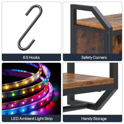 HOOBRO Gaming Floating Shelf with LED Lights, 28.7" LED Wall Mounted Shelf, 3-Tier Display Rack for Wall Storage, Floating Rack with Hanging Rod and 6 S-Hooks, Rustic Brown and Black BF70DBJ01 - color: Rustic Brown + Black