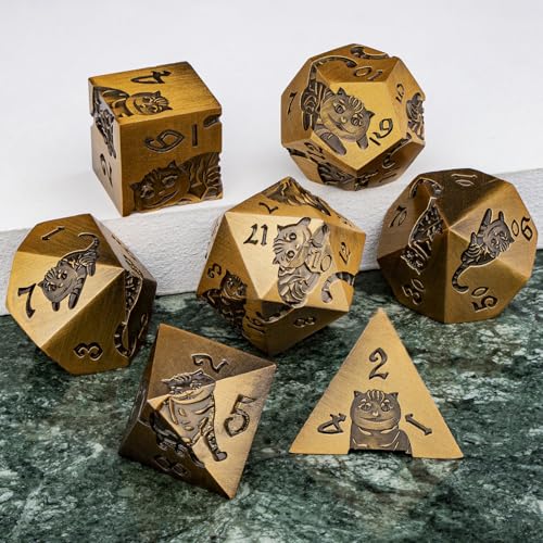 Metal DND Cat Dice Polyhedral RPG Dice Set with Gift Case for Dungeons Dragons Role Playing Game, 7PCS D and D Dice D6 D8 D10 D12 D20 D% (Antique Gold) - color: Cat-gold