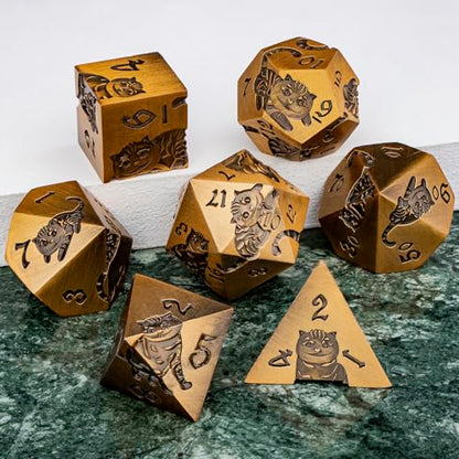 Metal DND Cat Dice Polyhedral RPG Dice Set with Gift Case for Dungeons Dragons Role Playing Game, 7PCS D and D Dice D6 D8 D10 D12 D20 D% (Antique Gold) - color: Cat-gold