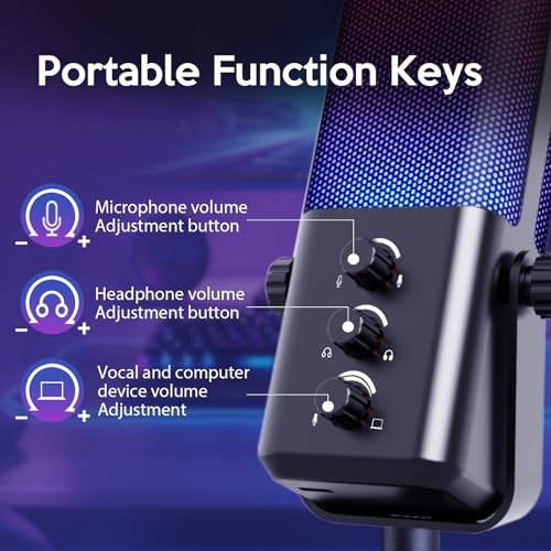 VCOM USB Microphone for PC,Condenser Dynamic Boom Arm Mic for Podcasting,Streaming, with Monitoring Headphone 3.5mm Jack,Quick Mute,RGB Indicator,Shock Mount,Rotate gain Button,Black