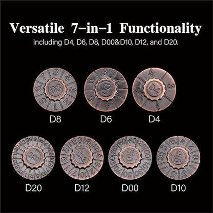 Foldable Spinner Metal DND Dice Set – Compact Elegant Design with D4, D6, D8, D10, D12, D20, D% for TTRPG Gifts - color: Ancient Copper