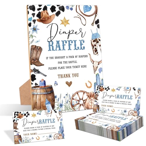 Cowboy Baby Shower Diaper Raffle, Pack of 1 Wooden Tabletop Sign with Stand and 50 Diaper Raffle Tickets, Wild West Rodeo Baby Shower Game, Gender Reveal Party Decorations - EH11 - color: Cowboy-4, size: Cowboy