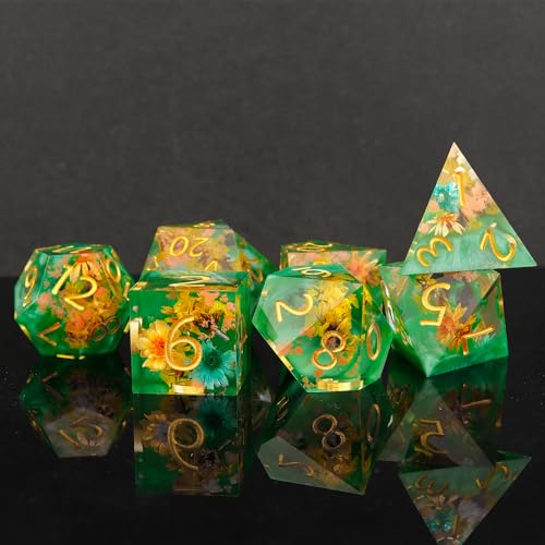 Haxtec Flower DND Dice Set Sharp Edge Resin Polyhedral Dice, Floral D&D Dice with Metal Case, Handmade Flower Inside Dice Set for Dungeons and Dragons TTRPG, Spring Pearl Green DND Gift - color: Green
