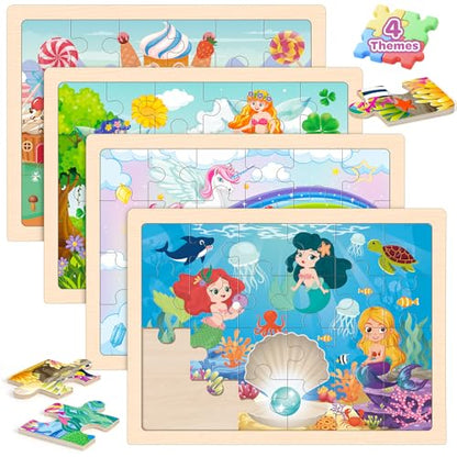 Puzzles for Kids Ages 4-6, 4 Packs Wooden Jigsaw Puzzles for Toddlers 2-4, Princess Unicorn Mermaid Fairy Preschool Educational Puzzles Boards Toys Gifts for Girls Boys 3 4 5 6 - style: Princess