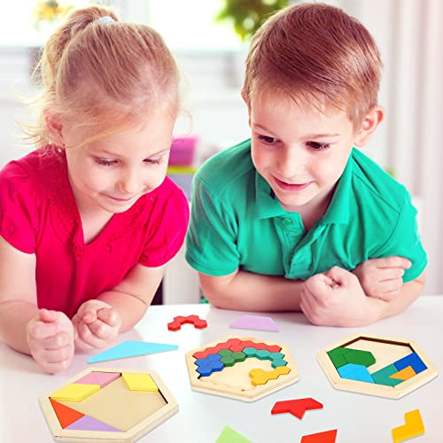 Jerify 5 Pack Wooden Tangram Puzzle for Kids, Brain Teaser Puzzles | Wooden Hexagon Puzzle Block Teaser, Pattern Blocks, Tangram Puzzle, Geometric Shapes Tangram Games, Boys Girls Toddler 1-3 - style: Geometry