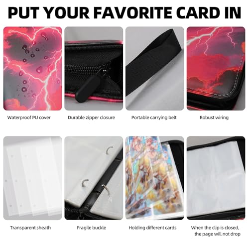 Collectible Trading Card Albums,4 Pocket Card Binder, 400 Double Sided Pocket PU Premium Zip Trading Collection Binderwith 50 Removable Sleeves, Card Folder forTCG, Sports Cards (Black &Red) - color: Black &Red