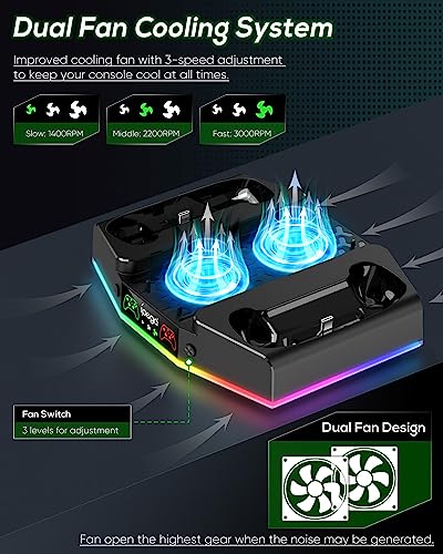 Cooling Stand & Charge Station for Xbox Series S with RGB Light Strip,Black | Dual Controller Charger & Cooler Fan for XSS Console Accessories with 2*1400mAH Rechargeable Battery Pack,1*Headphone Hook - color: Black