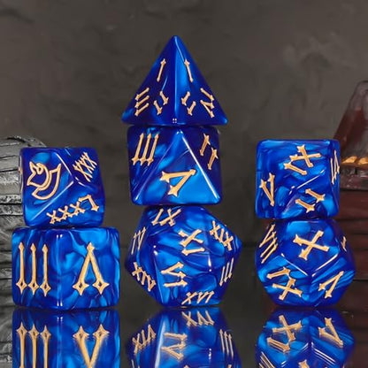 CiaraQ 7pcs Polyhedral Dice Set for Dungeon and Dragons MTG Table Games | Acrylic Role Playing Dice for D&D with Black Velvet Bag – Blue Pearl with Gold Roman Numerals - color: Blue Dice - Roman Font