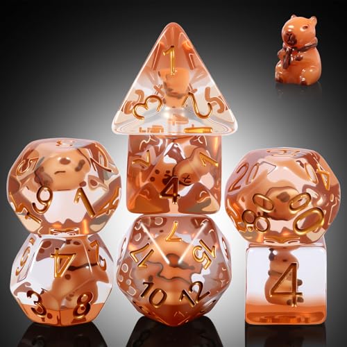Capybara DND Dice Set with Cute Animal Inside - 7PCS Hand Made Polyhedral Resin Dice for Dungeons and Dragons RPG Games with Gold Numbers, Unique Collector Dice in Velvet Bag Gift for Gamers - color: Capybara