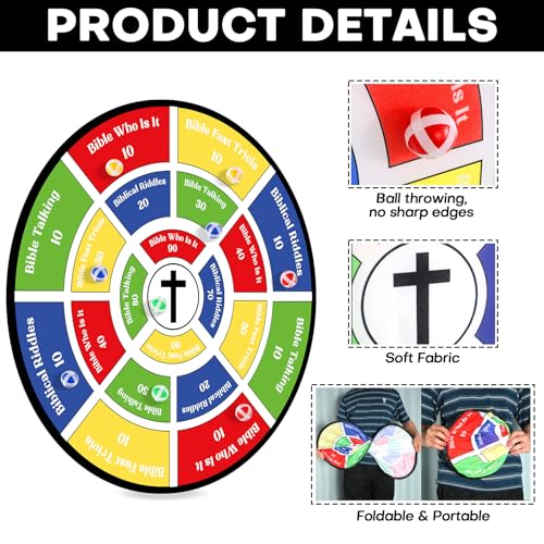 gisgfim 29" Large Faith Darts Bible Interactive Game 66 Trivia Cards with 264 Questions & 24 Sticky Balls, Christian Supplies for Church, Disciples, Sunday, Birthday Gift, Family