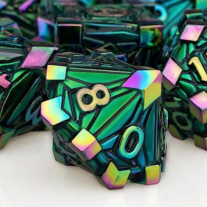 7PCS Metal DND Dice Set with Box, Debris RPG Red D and D Dice for use with D&D Tabletop Games Role Playing Game Polyhedral Dice Set D20 D12 D10 D8 D6 D4 - color: Dazzling Green