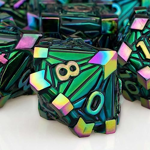 7PCS Metal DND Dice Set with Box, Debris RPG Red D and D Dice for use with D&D Tabletop Games Role Playing Game Polyhedral Dice Set D20 D12 D10 D8 D6 D4 - color: Dazzling Green