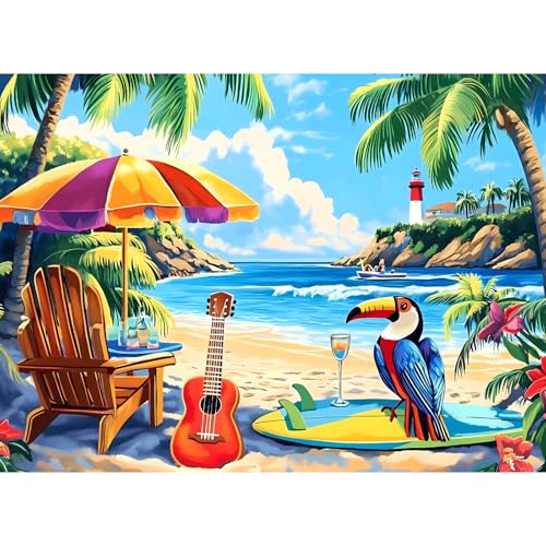 500 Piece Jigsaw Puzzle for Adults, Beach Scenery Jigsaw Puzzle, Chair and Guitar Jigsaw Puzzles, Seaside Lover Challenging Puzzles for Friends Family Activity Game Nights Gifts - style: Sea