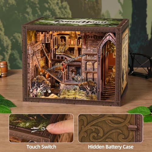 MiniCity Robin Hood Escape Book Nook Kit, Wooden Miniature House with LED | 351-piece wood/paper/plastic kit with LED and dust cover; glue/tools included; 8-10 hr project for shelf decor, ages 14+. - style: Robin Hood