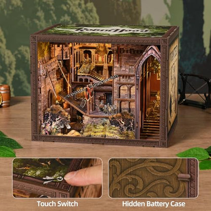 MiniCity Robin Hood Escape Book Nook Kit, Wooden Miniature House with LED | 351-piece wood/paper/plastic kit with LED and dust cover; glue/tools included; 8-10 hr project for shelf decor, ages 14+. - style: Robin Hood
