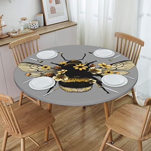 Famame Cute Flowers Bee Fitted Round Tablecloth Waterproof Table Cloth with Elastic Edge Wipe Clean Table Covers for Indoor Outdoor Fits 45"-50", Medium - color: Bee