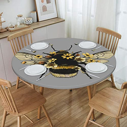 Famame Cute Flowers Bee Fitted Round Tablecloth Waterproof Table Cloth with Elastic Edge Wipe Clean Table Covers for Indoor Outdoor Fits 45"-50", Medium - color: Bee