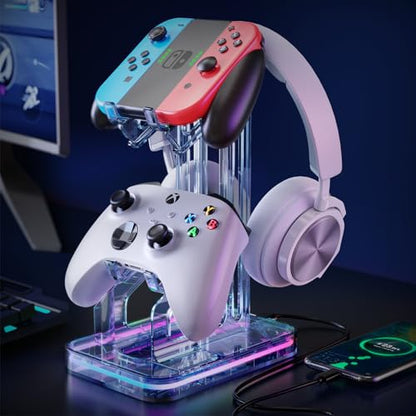 Luckit Gaming Headphones Stand, RGB Headset Stand with 2 USB Charging Ports, Dual Controller Holder with Light Modes, Earphone Hanger Accessories for Desktop Gamer