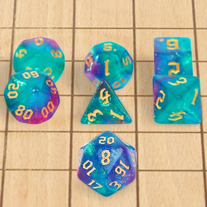 7Pcs Polyhedral Dice Set with Black Storage Bag(Green&Purple+Nebula) | Classic dice set for RPG Polyhedral Dice for Dungeon and Dragons Playing Games 7-Die Set - color: Green&purple+nebula Dice