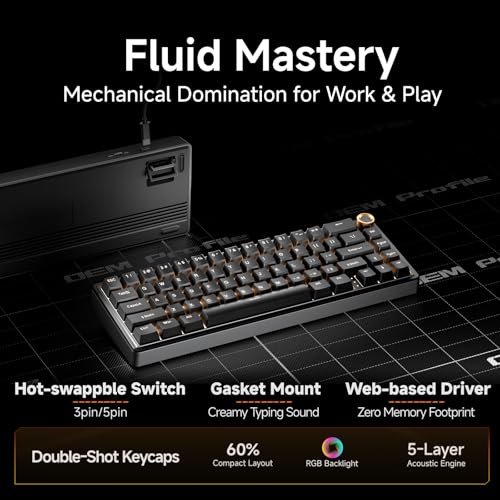 DIERYA DK68E 60% Mechanical Gaming Keyboard, Hot-Swappable, Wired, Black | Gasket Mount, Pre-Lubed Linear Switches, 5-Layer Foam, Programmable, Volume Knob, RGB Backlight, Double-Shot Keycaps - color: Black