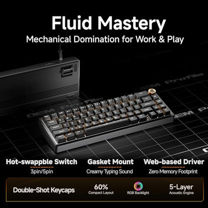 DIERYA DK68E 60% Mechanical Gaming Keyboard, Hot-Swappable, Wired, Black | Gasket Mount, Pre-Lubed Linear Switches, 5-Layer Foam, Programmable, Volume Knob, RGB Backlight, Double-Shot Keycaps - color: Black