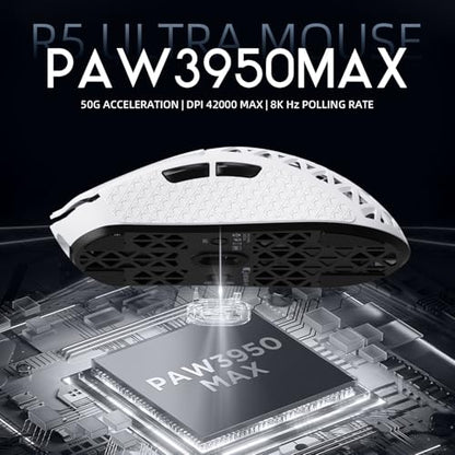 ATTACK SHARK R5Ultra 8K Carbon Fiber Wireless Gaming Mouse, White&Tape | 42K DPI,PAW3950 MAX Sensor,39g Ultra-Lightweight,Nordic 52840 MCU Chip,Wired/BT/2.4GHz Wireless Programmable Mouse for PC/Mac - color: White&Griptape