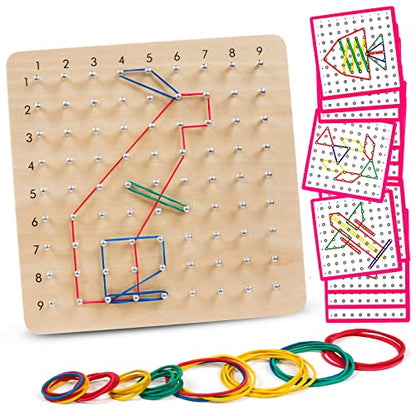 Wooden Geoboards - Montessori STEM Toy with Pattern Cards for Kids Ages 3+ | Pattern Cards & Rubber Bands, Geometric Shape Learning, Classroom STEM Tool, Brain Teaser Gift - size: 7.9*7.9 in