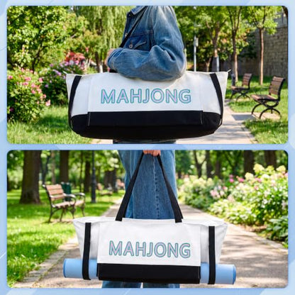Abbylike 28x9 Inches Mahjong Bag for Rolled Mat Tiles Racks Pushers Accessories Empty Mahjong Tote Bag with Zipper Closure Outer Pockets Lining Large Capacity(Natural White&Black,Canvas) - color: Natural White&black