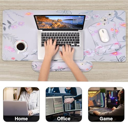 MEGREZ 4-in-1 Mouse Pad with Wrist Rest Ergonomic Memory Foam Desk Mat Set | ergonomic, anti-slip base, 4pcs set, desk pad, mouse wrist rest, keyboard rest, coaster, ideal for office & gaming - color: Pink Flower