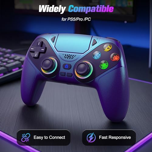Gamrombo LED Wireless Controller for PS5, Compatible with PS5 Pro/Slim/PC, Dual Vibration, Marco/Turbo Function, 3.5mm Audio Jack (Chromatic Blue) - color: RGB
