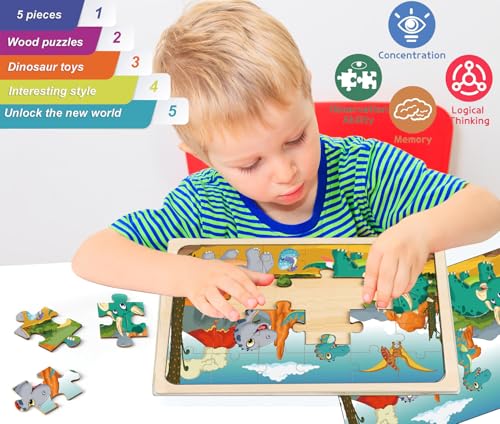 Wooden Puzzles Dinosaur Toys for Kids Ages 3-5, Set of 5 Packs with 30-Piece,Preschool Educational Brain Teaser Toys for Boys and Girls 3-8 Years Old