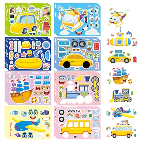 Vehicle Stickers for Kids, Make a Face Sticker, Make Your Own Car Sticker | 24 Sheets Train, Airplane, Boat Stickers for Toddlers, Brithday Party Supplies Classroom Teacher Reward - style: Car
