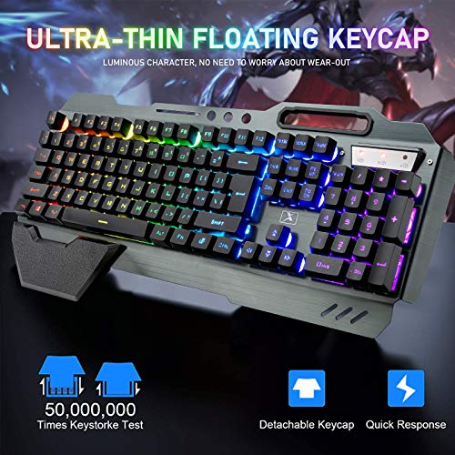 Wireless Membrane RGB Gaming Keyboard and Mouse with Rainbow Backlit-Black | Rechargeable 4800mAh Battery,Metal Panel,Ergonomic,Waterproof,Dustproof,7 Color Mute 2400 DPI Mice for Computer PC Mac Gamer - color: Black RGB
