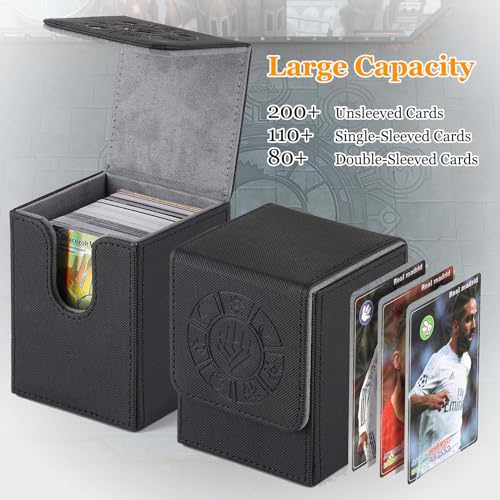 Arkeiliy Card Deck Box, 110+ Storage MTG Deck Box with 50 Pcs Card Sleeve, Collectible Trading Card Cases for Magic Commander and More (Black) - color: Black