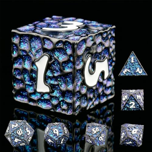 Haxtec Metal DND Dice Set Black Blue Polyhedral D&D Dice Compatible with Dungeons and Dragons Gift TTRPG Glitter Metal Dice - color: Black Blue White