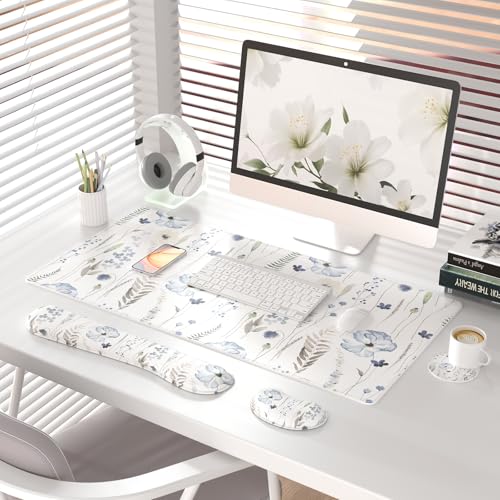 QIYI PU Leather Desk Mat Set, 4-in-1 Ergonomic Wrist Rest, Wildflowers | Waterproof Large Mouse Pad 31.5×15.7 + Keyboard Wrist Rest + Mouse Wrist Support+Coaster, Non-Slip Office Gaming Accessories - color: Watercolor Wildflowers