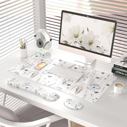 QIYI PU Leather Desk Mat Set, 4-in-1 Ergonomic Wrist Rest, Wildflowers | Waterproof Large Mouse Pad 31.5×15.7 + Keyboard Wrist Rest + Mouse Wrist Support+Coaster, Non-Slip Office Gaming Accessories - color: Watercolor Wildflowers