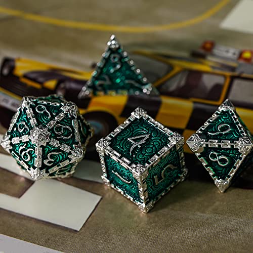 Cusdie 7 Pcs Metal Dice with Metal Box, Dagger Design Polyhedral DND Dice Set, for Role Playing Game D&D Dice (Silver Green) - color: Silver Green