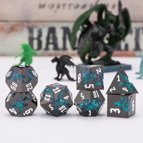 Sharp Edge DND Dragon Dice Set,Metal Polyhedral Dice with Dragon for Dungeons and Dragons RPG TTRPG D&D 7-Die Set with Gift Case - color: Dragon-pearl Gun Glitter Light Blue