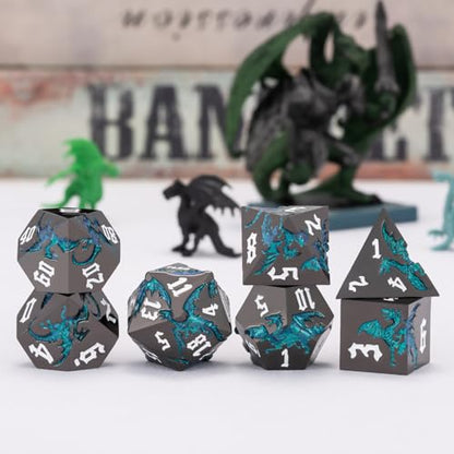 Sharp Edge DND Dragon Dice Set,Metal Polyhedral Dice with Dragon for Dungeons and Dragons RPG TTRPG D&D 7-Die Set with Gift Case - color: Dragon-pearl Gun Glitter Light Blue