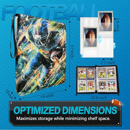 Football Card Binder with Sleeves, 4-Pocket Portable Card Protectors Album Holder Book with Zipper, Fits 400 Cards with 50 Removable Sleeves, Football Cards Display Storage Carrying Case -02 - color: Football- 02- 400 cards