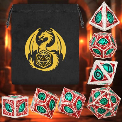 Metal Dice Set, Dragon Eye Theme, 7pcs Polyhedral Metal DND Dice Set, DND Starter Set, D&D Gifts with Gift Bag, Role Playing Board Games Accessories, Silver Red Green - color: Silver Red Green With Gift Bag