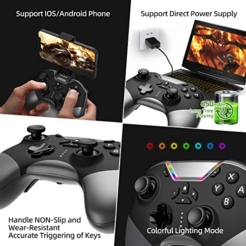 Bluetooth Controller for Switch/PC/iPhone/Android/Apple Arcade MFi Games/TV/Steam, Hall Effect Joysticks Wireless Game Controller Gamepad with/Phone Clip/Lock Speed/Macro/6-Axis Gyro/Dual Motors/Turbo - color: Black