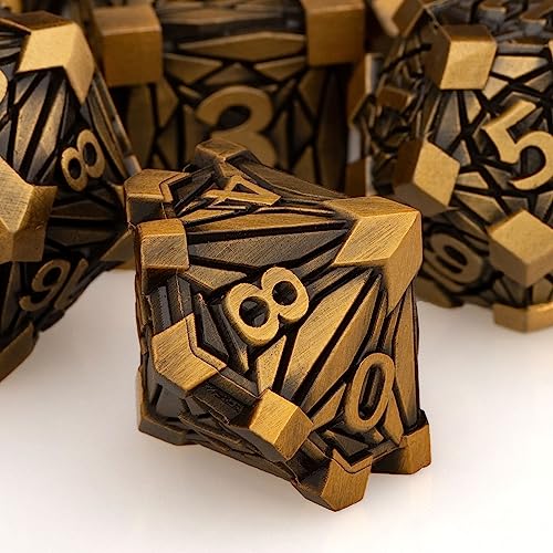 7PCS Metal DND Dice Set with Box, Debris RPG Red D and D Dice for use with D&D Tabletop Games Role Playing Game Polyhedral Dice Set D20 D12 D10 D8 D6 D4 - color: Ancient Gold