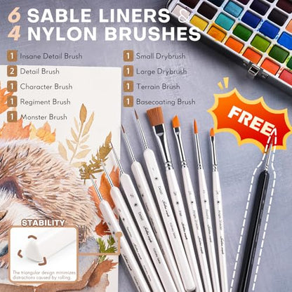 Golden Maple Model Brush Set, 4 Large Dry Brushes 6 Masterclass Kolinsky Sable Miniature Paint Brushes, Fine Detail Paint Brush Set - for Miniature Painting, Drybrushing, Layering & Insane Detail