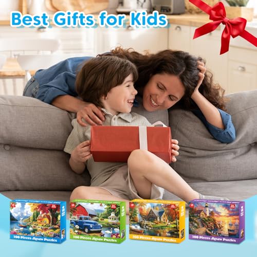 100 Piece Puzzles - 4 Themed Landscapes Large Piece Puzzles for Senior Adults Kids Puzzle Ages 5-8 Jigsaw Puzzle for Kids Ages 4-6 6-8 8-10 Year Old Educational Toys for Girls Boys 4-Pack - style: Swan Lake Autumn Forest Cabin Lighthouse