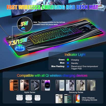 Mouse Pad with Foldable Phone Holder & Wireless Charger, XL RGB Gaming Mousepad 31.5"x11.8" Large Desk Mat for Keyboard, Home Desk Pad with Dual Qi Charging Station | 11 Colors & 5 Modes | Waterproof - color: 31.5x11.81"Phone Stand-Wave