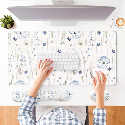 QIYI PU Leather Desk Mat Set, 4-in-1 Ergonomic Wrist Rest, Wildflowers | Waterproof Large Mouse Pad 31.5×15.7 + Keyboard Wrist Rest + Mouse Wrist Support+Coaster, Non-Slip Office Gaming Accessories - color: Watercolor Wildflowers