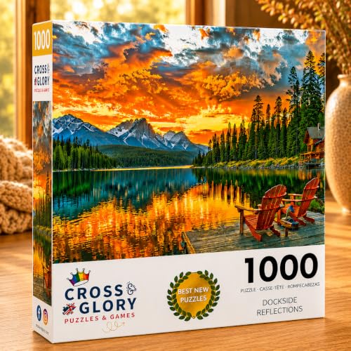 Cross & Glory | 1000 Piece Jigsaw Puzzles for Adults | Dockside Reflections | Tranquil Sunset Lake Scene | 2mm Thick Pieces | Bonus Reference Poster | Satin Finish | Ages 14+ - color: Dockside Reflections